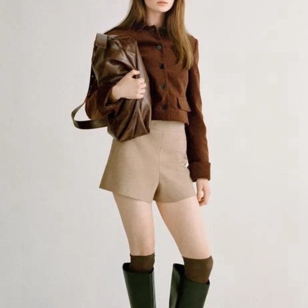 Zara Beige Checkered High Waist Shorts